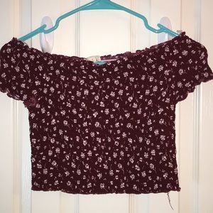 Red Crop Top with White Flowers Off the Shoulder